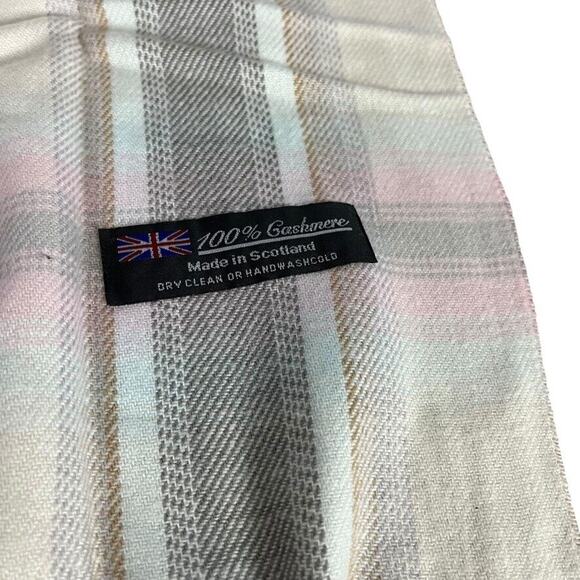 100% Pure Cashmere Made in Scotland Plaid Womens Fringe Pink Gray Scarf 68x12" - Picture 15 of 15